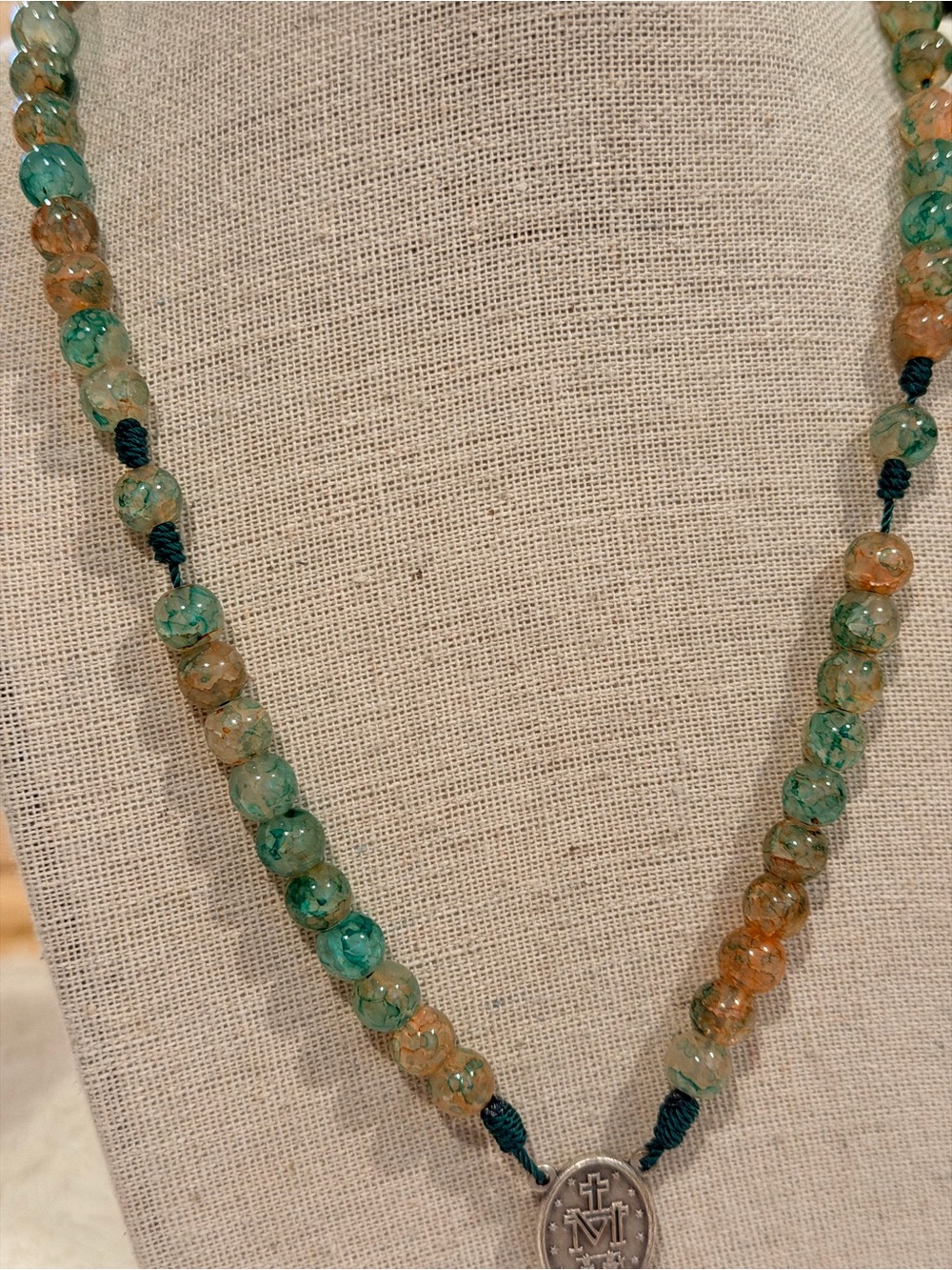 handcrafted Catholic rosary green & brown Indian agate beads, Miraculous Medal - Picture 5 of 7